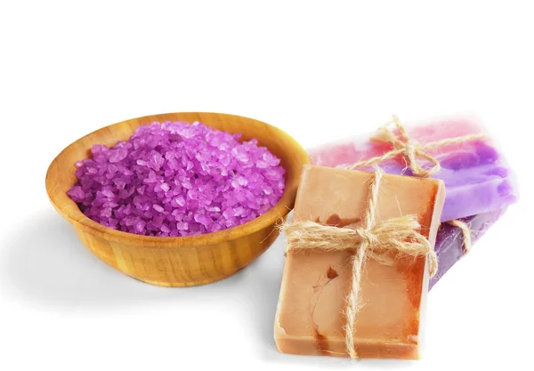 Spa setting with natural soap and sea salt — Stock Photo, Image