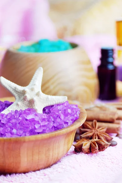 Spa setting with natural soap and sea salt — Stock Photo, Image