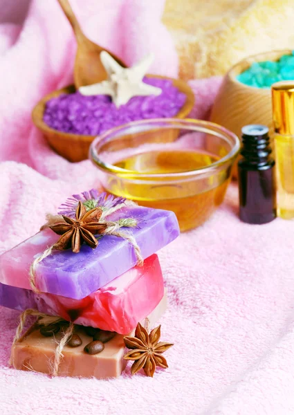 Spa setting with natural soap and sea salt — Stock Photo, Image