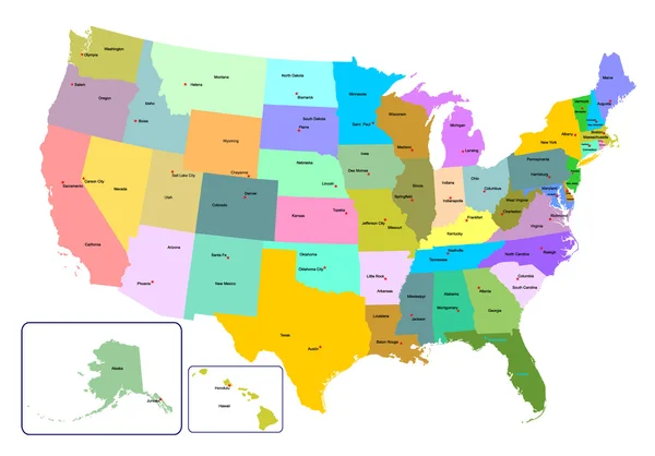 Mapa colorido dos EUA com estados e capitais . — Vetor de Stock