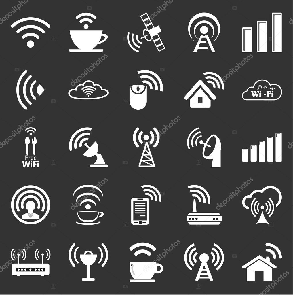 Set of twenty five different white vector wireless and wifi icons for remote access and communication via radio waves