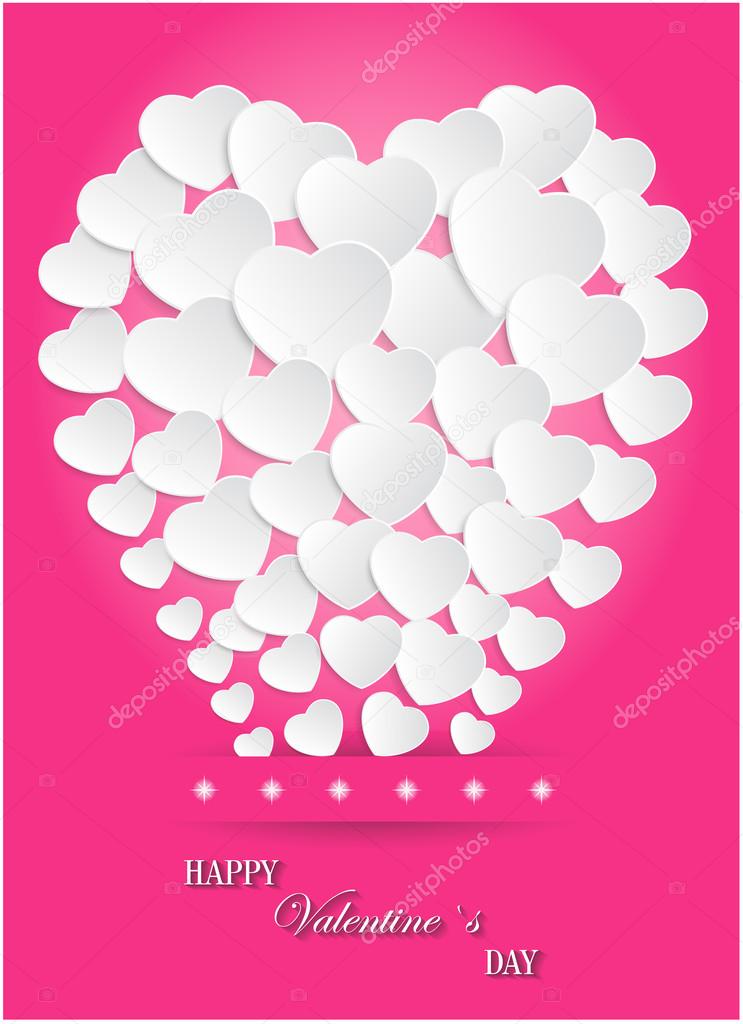 Valentines Day of White Paper Heart Balloons on Pink Background. 
