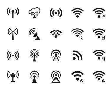 Yirmi farklı siyah vektör wi-fi ve kablosuz simgeleri