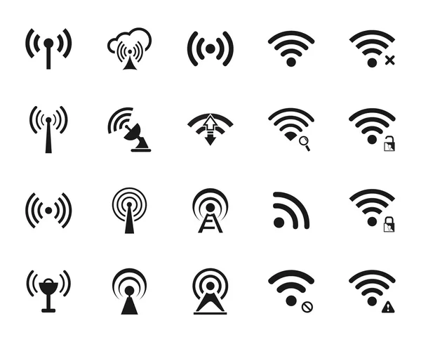 Set von zwanzig verschiedenen schwarzen Vektor-WLAN- und drahtlosen Symbolen — Stockvektor