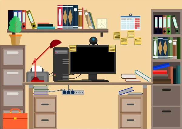 Lieu de travail professionnel avec objets de bureau, équipements, objets . — Image vectorielle