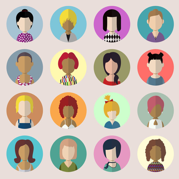 Set of circle flat icons with women.