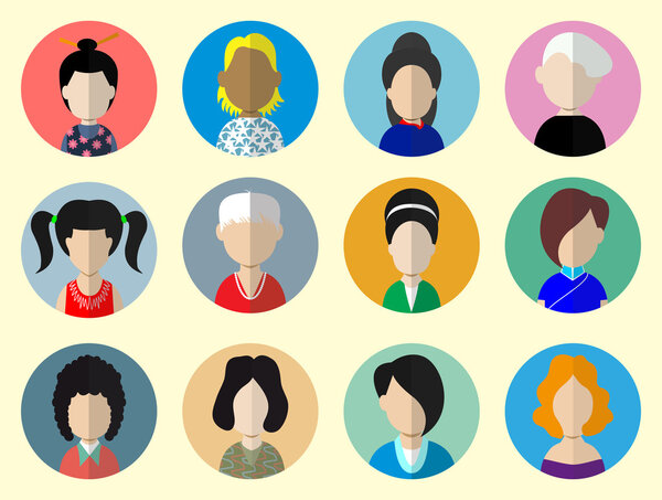 Set of circle flat icons with women.