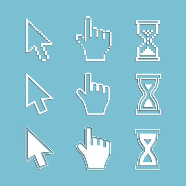 Pixel markörer och disposition ikoner: hand muspekaren timglas. — Stock vektor