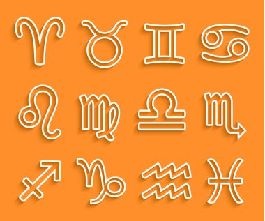 Turuncu zemin üzerine parlak beyaz zodyak simgeleri.
