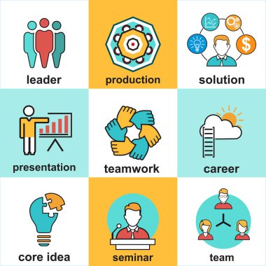 İş insan yönetimi düz tasarım unsurları ile satır Icons set.