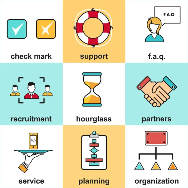 Iconos de línea con elementos planos de diseño de servicio al cliente, soporte al cliente, gestión de negocios de éxito . — Archivo Imágenes Vectoriales