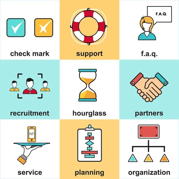 Ícones de linha com elementos de design plano de atendimento ao cliente, suporte ao cliente, gerenciamento de negócios de sucesso . Ilustração De Stock