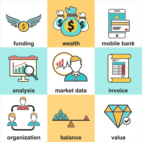 Conjunto de iconos de línea con elementos planos de diseño de inversión financiera Gráficos Vectoriales