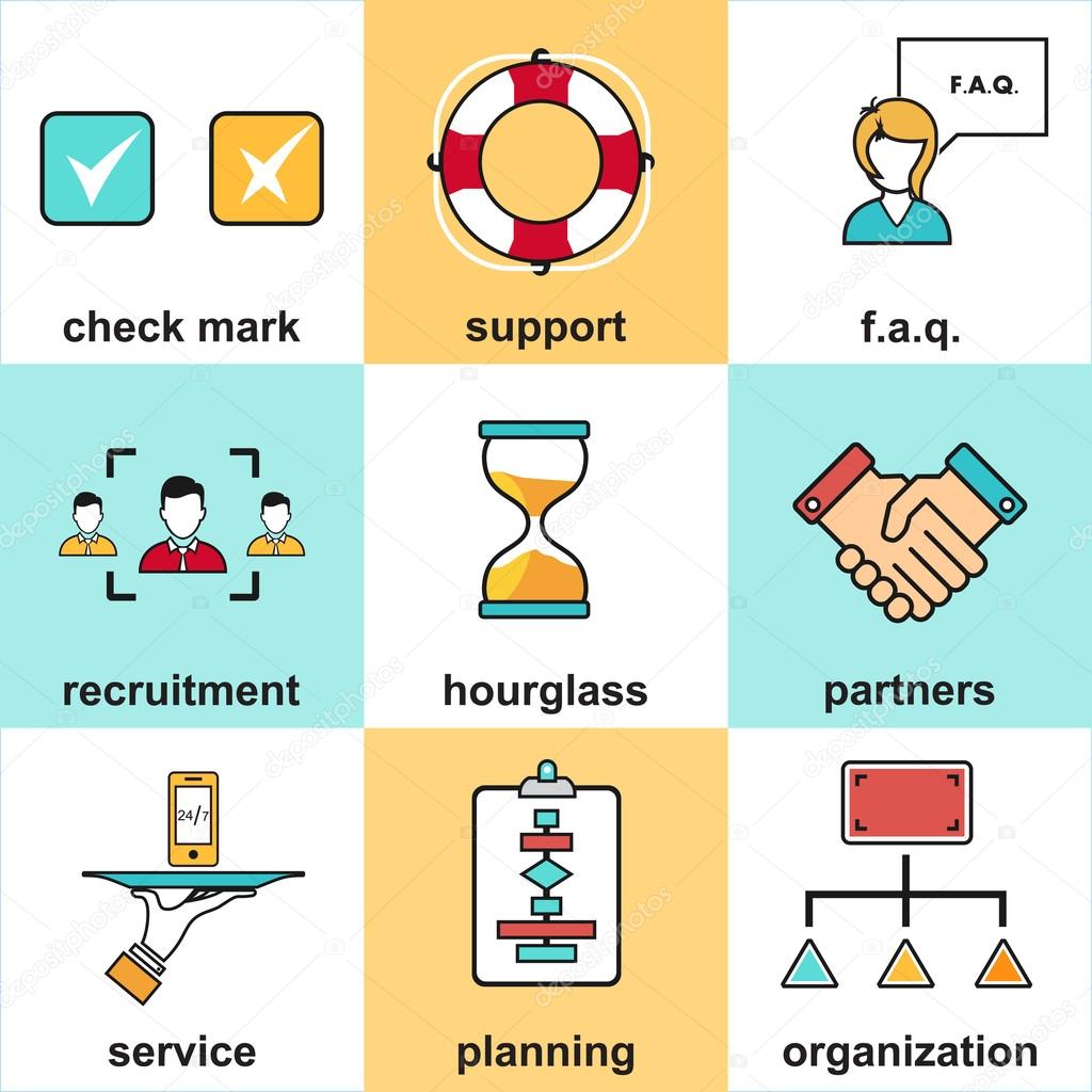 Line icons with flat design elements of customer service, client support, success business management. Modern vector logo pictogram collection concept.