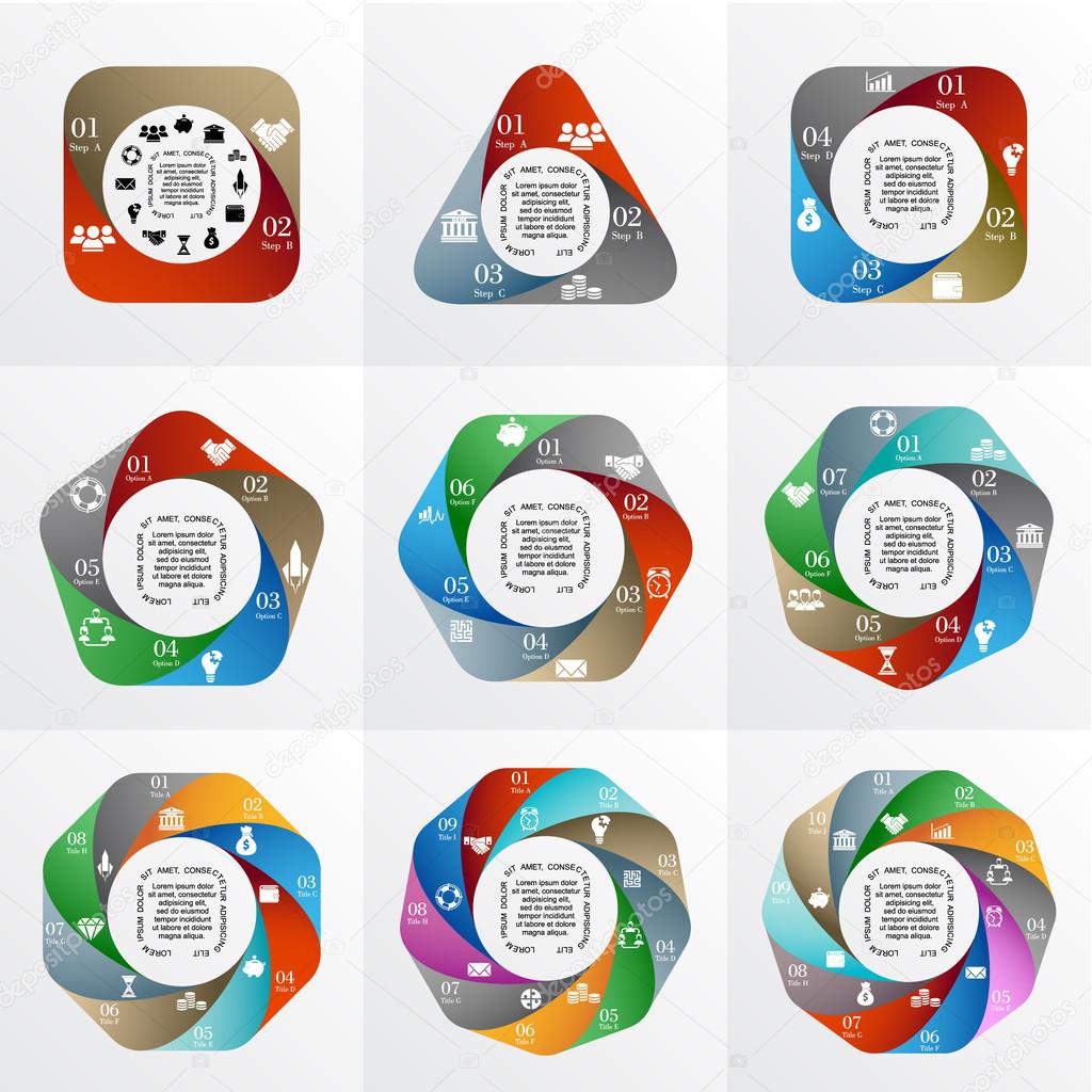 Vector geometric infographic. Template for cycle diagram, graph, presentation. Business concept with 2, 3, 4, 5, 6, 7, 8, 9, 10  options, title, steps or processes. Layout with menu bar.