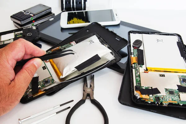 Tool Hand Check Damaged Swollen Battery Tablet Stock Image