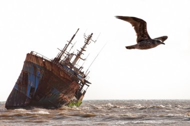 Abandoned broken ship-wreck beached on rocky ocean clipart