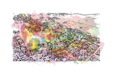 Print Building view with landmark of Chhindwara Hindistan 'da bir şehirdir. Vektör içinde elle çizilmiş çizim eşkali ile suluboya sıçraması.