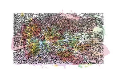 Print Building view with landmark of Chhindwara Hindistan 'da bir şehirdir. Vektör içinde elle çizilmiş çizim eşkali ile suluboya sıçraması.