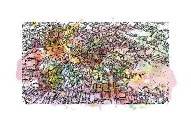 Print Building view with landmark of Chhindwara Hindistan 'da bir şehirdir. Vektör içinde elle çizilmiş çizim eşkali ile suluboya sıçraması.