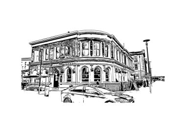 Print Building view with landmark of Chester, İngiltere 'nin kuzeybatısında bir şehirdir. Vektörde elle çizilmiş çizim çizimi.
