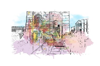 Print Building view with landmark of Chester, İngiltere 'nin kuzeybatısında bir şehirdir. Vektör içinde elle çizilmiş çizim eşkali ile suluboya sıçraması.