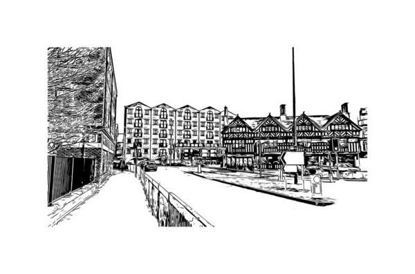 印刷チェスターのランドマークとビルディングビューは イングランド北西部の都市です 手描きのスケッチ図ベクトル — ストックベクタ