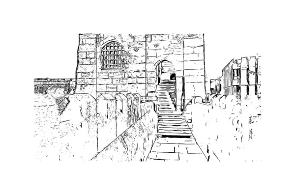 Print Building view with landmark of Chester, İngiltere 'nin kuzeybatısında bir şehirdir. Vektörde elle çizilmiş çizim çizimi.