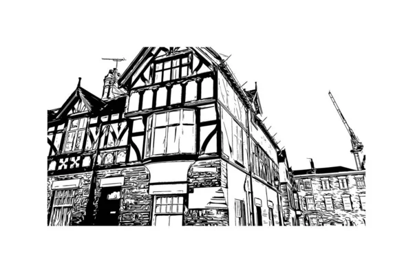 具有切斯特地标的印刷建筑景观是英格兰西北部的一个城市 矢量手绘草图 — 图库矢量图片