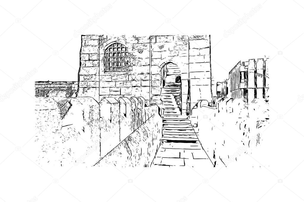 Print Building view with landmark of Chester is a city in northwest England. Hand drawn sketch illustration in vector.