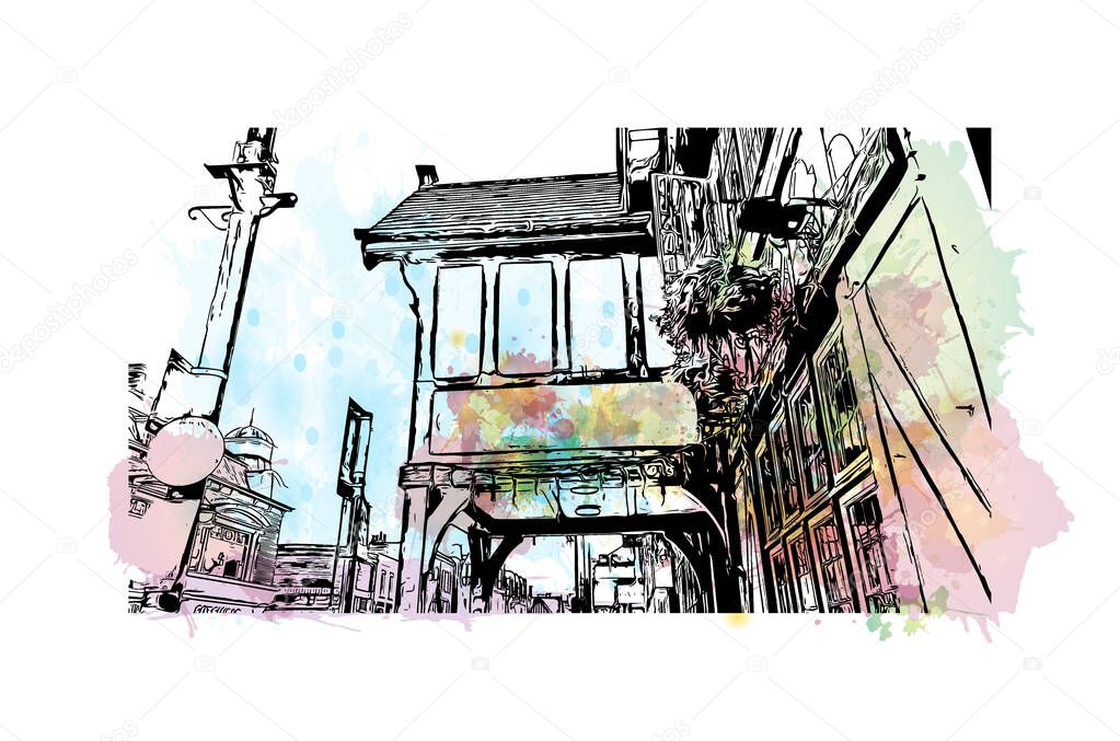 Print Building view with landmark of Chester is a city in northwest England. Watercolour splash with hand drawn sketch illustration in vector.