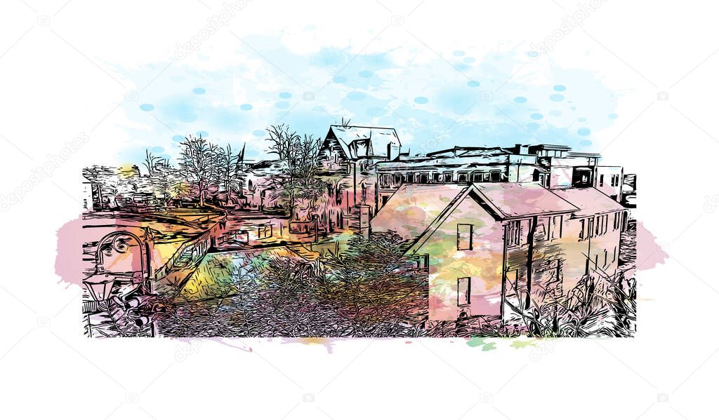 Print Building view with landmark of Chester is a city in northwest England. Watercolour splash with hand drawn sketch illustration in vector.