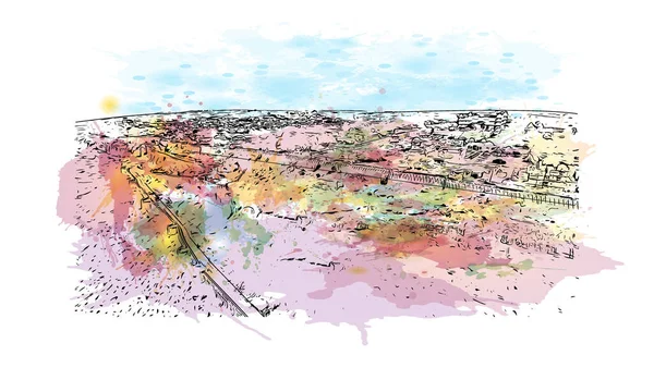 Print Building view with landmark of Chittorgarh is a city of India. Vektör içinde elle çizilmiş çizim eşkali ile suluboya sıçraması.