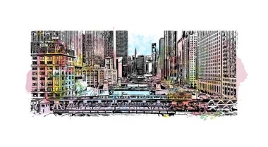 Print Building view, ABD 'nin Illinois eyaletinde yer alan bir şehirdir. Vektör içinde elle çizilmiş çizim eşkali ile suluboya sıçraması.