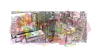 Print Building view, ABD 'nin Illinois eyaletinde yer alan bir şehirdir. Vektör içinde elle çizilmiş çizim eşkali ile suluboya sıçraması.