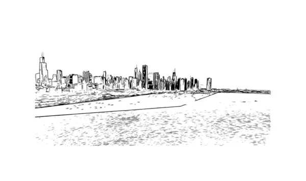 Print Vue Sur Bâtiment Avec Point Repère Chicago Est Une — Image vectorielle