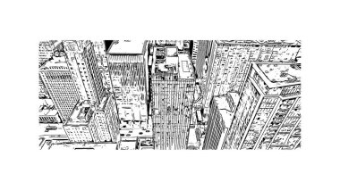 Print Building view with landmark of Chicago, ABD 'nin Illinois eyaletindeki en kalabalık şehirdir. Vektörde elle çizilmiş çizim çizimi.