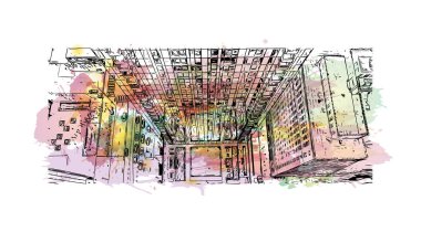 Print Building view with landmark of Chicago, ABD 'nin Illinois eyaletindeki en kalabalık şehirdir. Vektör içinde elle çizilmiş çizim eşkali ile suluboya sıçraması.