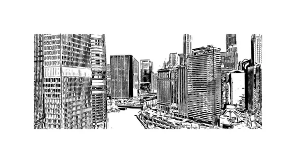 Imprimir Vista Del Edificio Con Hito Chicago Ciudad Más Poblada — Vector de stock