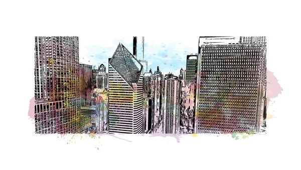 印刷シカゴのランドマークとビルディングビューは イリノイ州で最も人口の多い都市です 手描きのスケッチイラストと水彩スプラッシュベクトル — ストックベクタ