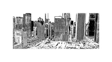 Print Building view with landmark of Chicago, ABD 'nin Illinois eyaletindeki en kalabalık şehirdir. Vektörde elle çizilmiş çizim çizimi.