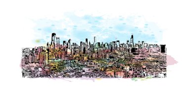Print Building view with landmark of Chicago, ABD 'nin Illinois eyaletindeki en kalabalık şehirdir. Vektör içinde elle çizilmiş çizim eşkali ile suluboya sıçraması.