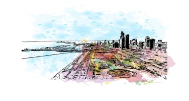 Print Building view with landmark of Chicago, ABD 'nin Illinois eyaletindeki en kalabalık şehirdir. Vektör içinde elle çizilmiş çizim eşkali ile suluboya sıçraması.