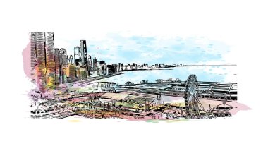 Print Building view with landmark of Chicago, ABD 'nin Illinois eyaletindeki en kalabalık şehirdir. Vektör içinde elle çizilmiş çizim eşkali ile suluboya sıçraması.