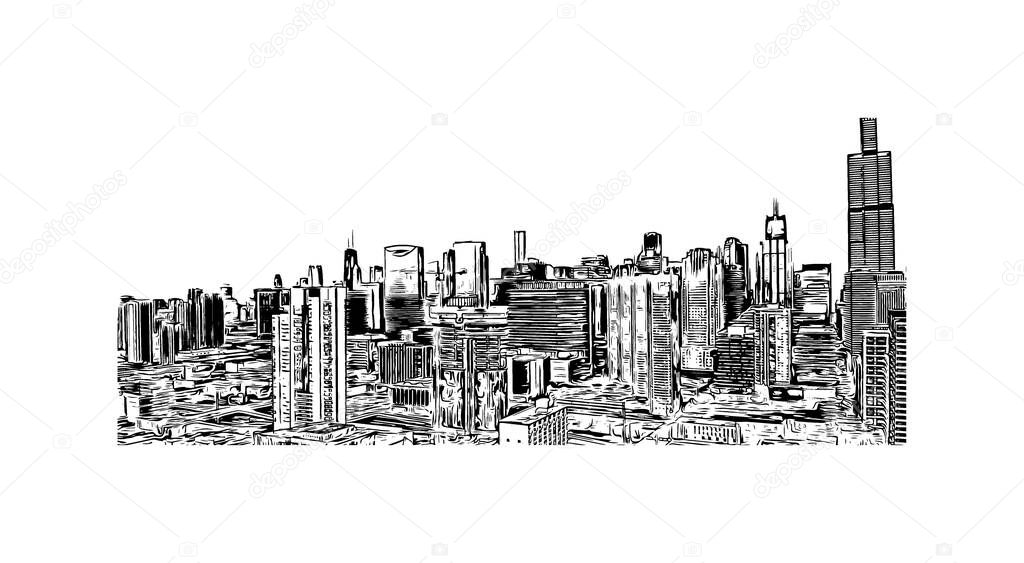 Print Building view with landmark of Chicago is the most populous city in the U.S. state of Illinois. Hand drawn sketch illustration in vector.