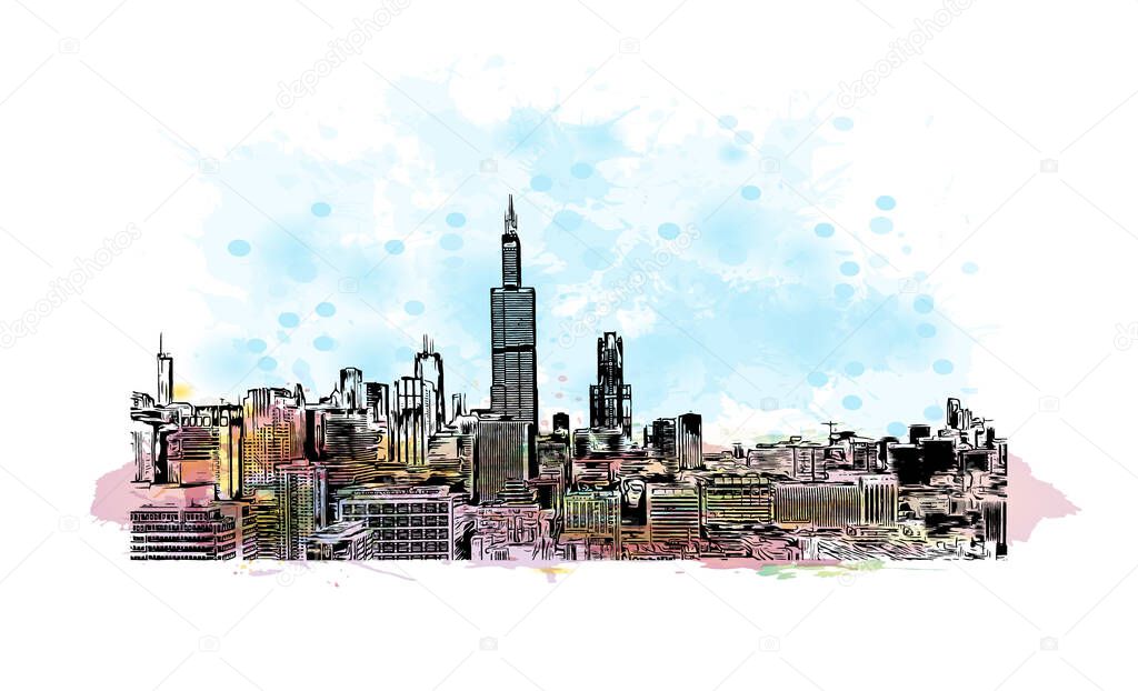 Print Building view with landmark of Chicago is the most populous city in the U.S. state of Illinois. Watercolour splash with hand drawn sketch illustration in vector.