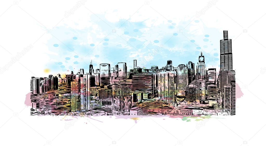 Print Building view with landmark of Chicago is the most populous city in the U.S. state of Illinois. Watercolour splash with hand drawn sketch illustration in vector.