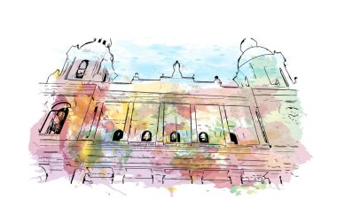 Print Building view with landmark of Chiclayo is the city of Peru. Vektör içinde elle çizilmiş çizim eşkali ile suluboya sıçraması.