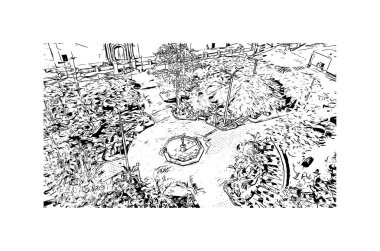 Print Building view with landmark of Chiclayo is the city of Peru. Vektörde elle çizilmiş çizim çizimi.