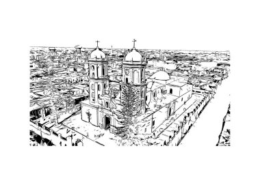 Print Building view with landmark of Chiclayo is the city of Peru. Vektörde elle çizilmiş çizim çizimi.